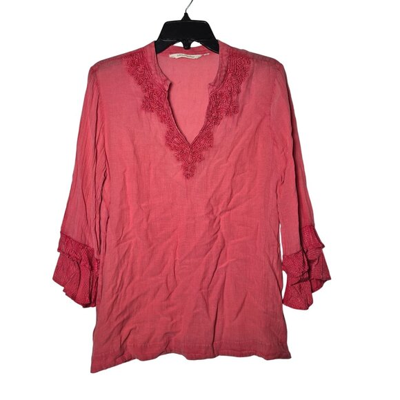 Soft Surroundings Embroidered V-Neck Tunic Top Size M Lagenlook Coastal Sheer - Picture 2 of 11